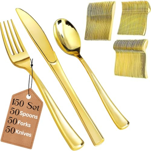 150 Elegant Gold Plastic Cutlery Set - 50 Spoons, 50 Forks, and 50 Knives - Heavy Duty, Washable and Reusable Gold Cutlery Tableware for Birthdays, Party, Weddings and Events
