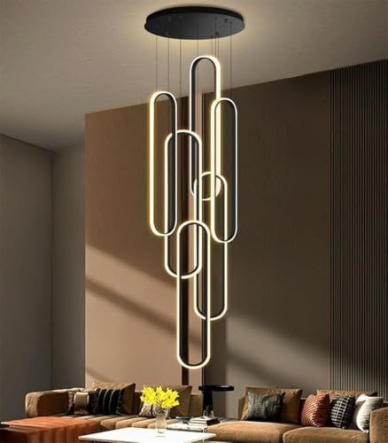 MyLjp Pendelleuchte Modern LED Hängeleuchte Lange Treppenhaus Kronleuchte Wohnzimmerlamp Aluminium Acryl Dimmbar Hängelampe Für Schlafzimmer Hängeleuchte Esszimmer Küche Deckenleuchte(Schwarz,6 rings)