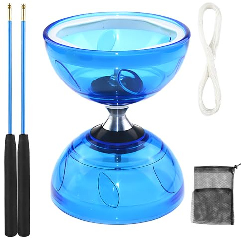 KUWUNG Diabolo LED avec roulement à billes, 4,5 mm - Diabolo lumineux - Kit de jonglage avec baguettes manuelles - Roue libre - Outil de cirque pour adultes, débutants et professionnels (bleu)