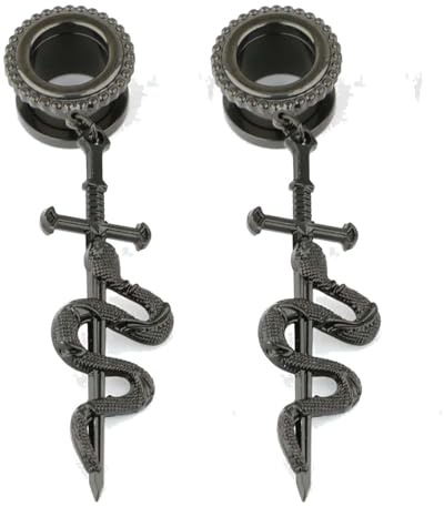 Elledia 1'' 25mm Black Ear Gauges with Surgical Steel Cross & Snake Hanger, Ear Expander Stretcher for Pierced Ears