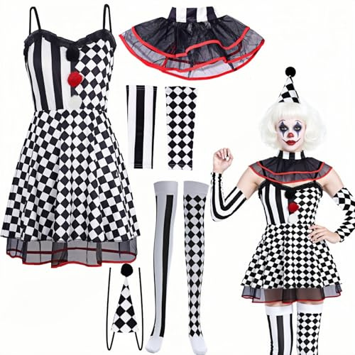 Boyigog Disfraz de payaso para mujer, carnaval, payaso, disfraz de circo, con cuadros en blanco y negro, calcetines, cinta para el pelo, disfraz de payaso para mujer, disfraz de circo para carnaval