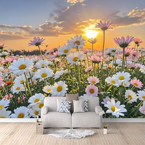 LYNNB Fleurs Papier Peint 3D Panoramique Marguerites Blanches Et Roses Papier Peint Intissé Photo Mural pour Salon Chambre à Coucher D'Enfant TV Fond Décor Mural 200×140cm (L x H)