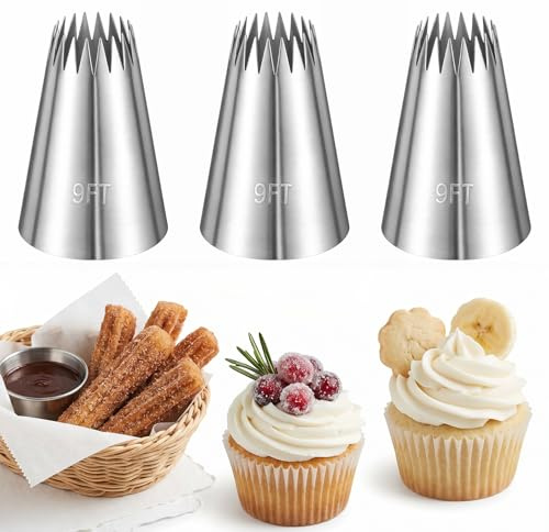 3 Stück Große Spritztüllen Set, 9FT Edelstahl Offene Stern Tüllen | Tortendekorations-Tülle für Kuchen, Cupcakes und Kekse
