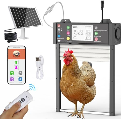 SARELLIT Automatische Hühnerklappe Solar mit WLAN App & Statusanzeige,Timer | Elektrische Hühnerstalltor mit Wasserdichtem Display, Fernbedienung, 4000mAh Akku, Auto-WLAN-Reconnect, Anti-Klemmschutz