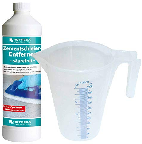 HOTREGA Zementschleierentferner säurefrei 1 L | Marmor & Naturstein | Konzentrat für Kalkschleier | Inklusive 1 L Messbecher | Für Travertin, Terrazzo & Kunststein | Reicht bis 250 m² Fläche