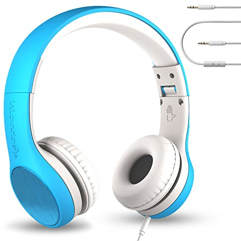 LilGadgets Écouteurs filaires de Style Connect+ pour Enfants avec Technologie SharePort®, Casque Supra-auriculaire Pliable, Microphone intégré, Bleu, écouteurs adaptés aux Enfants pour l'école.