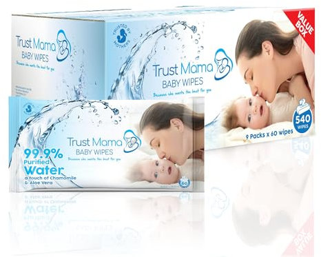 Trust Mama Baby Wipes Complete Clean Extra Sensitive Newborn Skin 99.9% Water 540 Wipes (9 Packs of 60 Wipes)