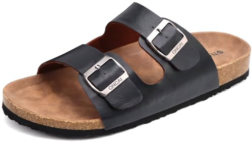 ONCAI Men's Slide Sandals with Two Adjustable Straps Cork Footbed Open Toe Black Size 11 UK Casual Mules Slides Sandals for Men 2026 Non Slip Rubber sole