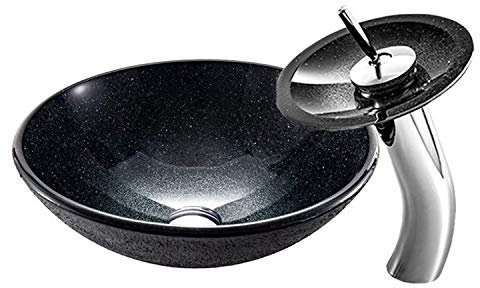 HomeLava Lavabo da Appoggio in Vetro Temperato Lavandino del bagno lava con anello di montaggio per rubinetto e foro di scarico pop-up 30 cm set mini lavello rotondo sfumato bianco e nero