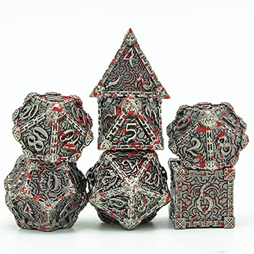 Cusdie Metallwürfel mit Blechdose, 7 Stück, DND-Metallwürfel, Dolch-Design, polyedrisches Würfel-Set, für Rollenspiele, D&D (antikes Silber-Blutgebeizt)