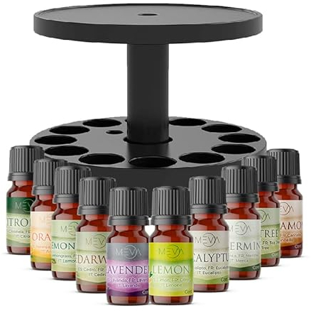MEVA Soporte difusor aceites esenciales, organizador para esencias y humidificador, base giratoria para 12 esencias y difusor de cualquier tamaño. Incluye set de 12 aceites esenciales (Negro)