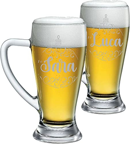 Coppia Boccali Personalizzati Set da 2 Boccali Birra Personalizzati con nome pallina Natale Bicchiere in Vetro 500 ml