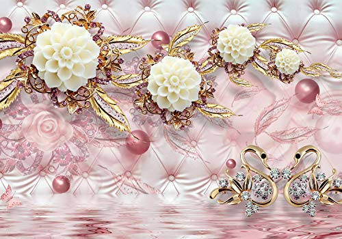 wandmotiv24 Fototapete Blumen gold Diamanten luxuriös rot, 400 x 280 cm - selbstklebende Strukturtapete, Wanddeko, Wandbild, Wandtapete, Wasser, Polster, rosa M1971