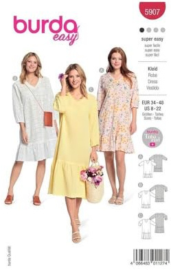 burdastyle Schnittmuster 5907 | Kleider mit V-Ausschnitt zum selber nähen | Damen, Gr. 34-48 | Nählevel: sehr leicht