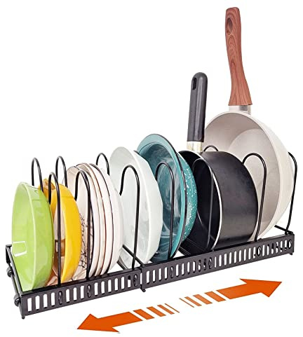 wiksite Expandable Pan Organiser Rack, Pot Lid Holder with 7 Dividers Adjustable Bakeware Rack saucepan Chopping Board Storage Rack for Cupboard Pantry Cabinet kitchen storage