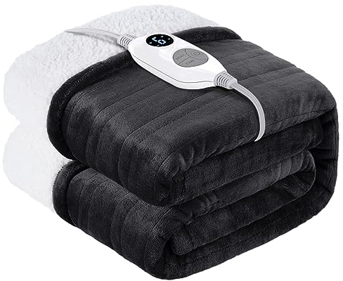 Warmrest Electric Heated Blanket Double Size Large Soft Flannel Sherpa, 6 Heat Levels Fast Heating, 1 to 10 Hours Auto-Off Detachable Controller Machine Washable, Grey 150x200cm