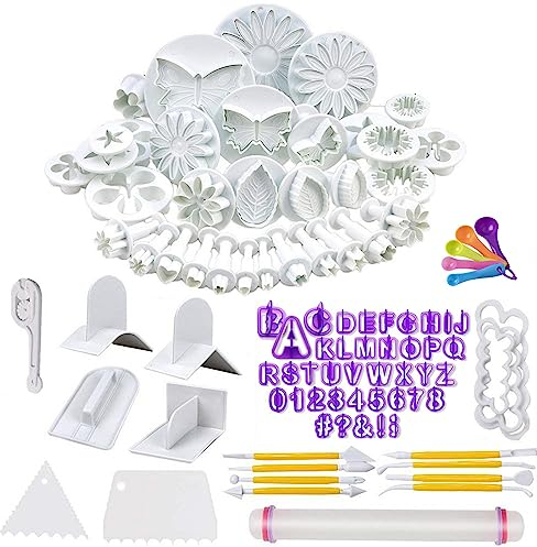 JS MOLD 119 Stück Fondant Ausstecher Set,Keksausstecher Set mit Auswerfer, Stempel Ausstechform Modellierwerkzeug, Fondant Werkzeuge für Blume Herz Schmetterling Star Schneeflocke