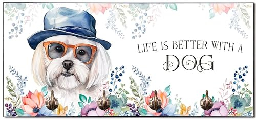 Cadouri Design-Hundegarderobe mit Malteser - Leinenhalterung für Halsband, Leine & Geschirr - originelles Geschenk für Hundebesitzer - handgefertigt