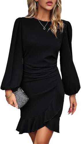 TcIFE Womens Casual Dress Long Sleeve Ladies Bodycon Ruched Ruffle Hem Mini Dress Slim Fit Elegant Sexy Party Club Dresses