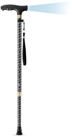 Bastón para hombre y mujer con luz LED, 10 niveles ajustables, aluminio extensible, correa de mano y goma para senderismo, camping, montañismo