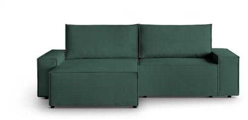 BEAUTY SOFA - San Remo - Ecksofa 268x158 cm - Sofa L-Form, Couch, Gästebett, Sofa mit Schlaffunktion, Schlafcouch, Schlafsofa mit Bettkasten, Sofa Ausziehbar - Kord Grün (Poso14)
