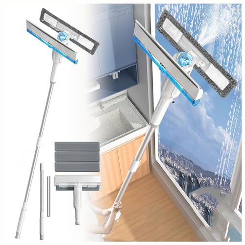 RYJYQYX 4 in 1 Spruzzo Pulisci Vetri con Raccoglitore Acque Nere E 3 Panni, Lavavetri con Asta di Prolunga Lavavetri Telescopico per Finestre Alte Interno/Esterno