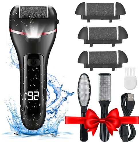 Electric Foot File, Wetisedg® Rechargeable Callus Remover for Feet, Hard Skin Remover, Pedicure kit with 3 Rollers LED Light, Foot Care Kit (Black)