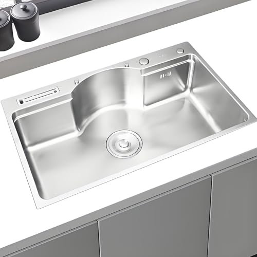 Undermount Curved Kitchen Sink, Silver 304 Stainless Steel Single Sinks with Knife Holder, Rectangular Utility Multifunctional Bowl with Drain Basket for Workstation Bar Rooms Restaurants Garages Rv