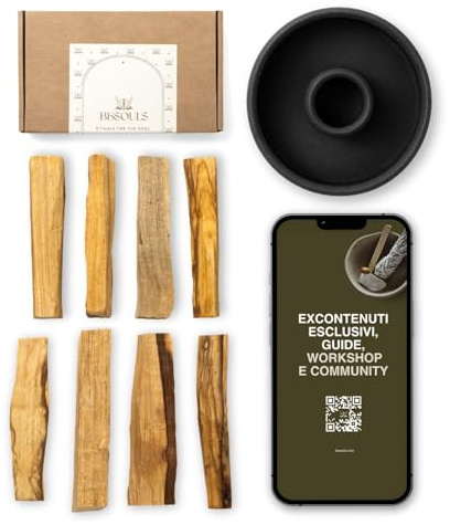 BESOULS Kit Palo Santo para Quemar con Quemador Soporte: 8 Incienso Palo Santo Natural + QR Contenido Digital– Kit Limpieza Energetica hogar, sahumerio, Meditación y Regalos Espirituales