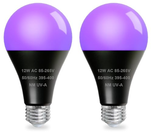 MEEKBOS 2 st LED UV-glödlampa 395 NM, 12 W svart ljus E27, UV för Halloween, fest, kroppskonst, klubbar, barer, fluorescerande dekoration