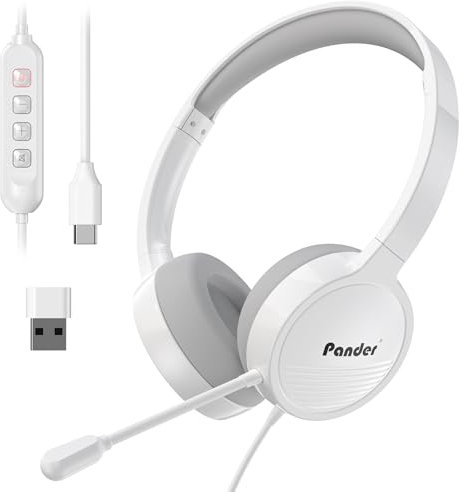 PANDER Casque filaire USB avec microphone pour PC, casque d'ordinateur avec microphone antibruit, casque USB/USB-C pour travail, bureau, cours en ligne, Skype, zoom, réunion