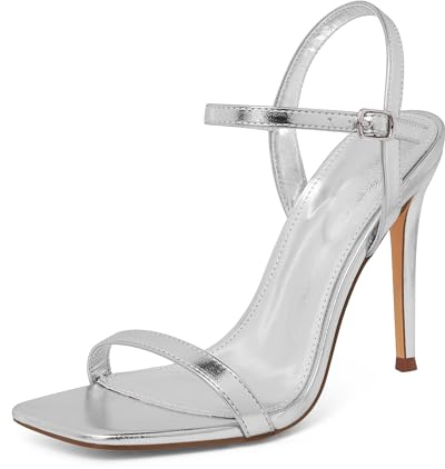 GENSHUO Femmes Bout Carré À Lanières Talons Aiguilles, 10 CM Bout Ouvert Talon Sandales Bride À La Cheville Chaussures Habillées, Argenté, 40 EU
