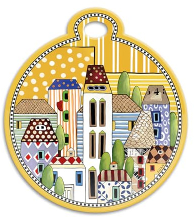Egan Sottopentola Collezione Paese Mio. Sottopentola in Ceramica Smaltata di Colore Giallo con Fantasia a Paesaggio. Misure: 17x19 cm. La refernza è 121026