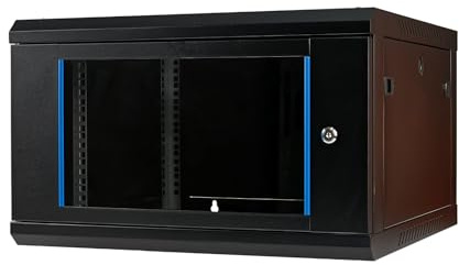 Netzwerkschrank 19 Zoll 6HE I 600 mm Tiefe I Serverschrank Schwarz montiert | Wandmontage I abschließbare Glastür I voll montiert I 100 kg Traglast I 600×600×369 mm (Schwarz - 60cm, 6HE)