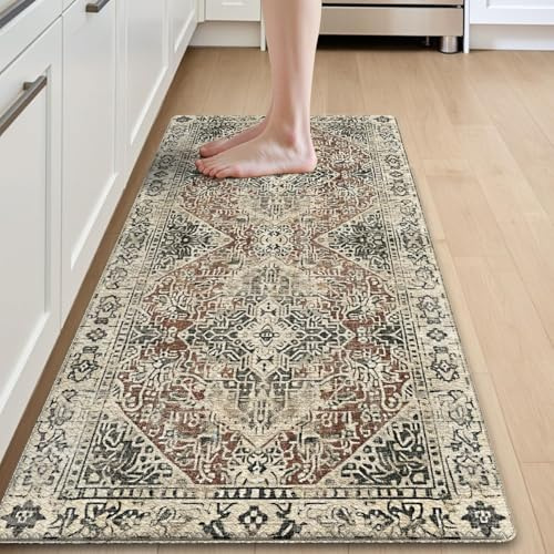 DEXI Küchenläufer rutschfest 60 x 150 cm, Küchenteppich Waschbar, wasserdicht PVC Küchenmatten, Teppich Läufer Flur für Küche, Terrasse, Korridor, Creme Rot