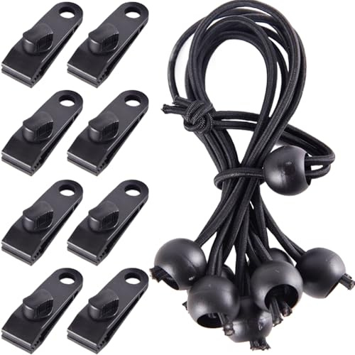 8 Pcs Tarp Clips + 8 Pcs Small Bungee Cords with Hooks 6 Inch,Adjustable Tarpaulin Clip,Reusable Awning Clips and Bungee Cord with Hook,Tarpaulin Clamps for Garden Outdoor Pool Tie Downs Canvas