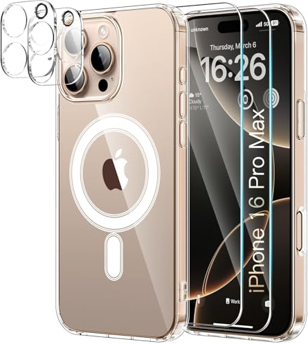 YNMEacc 5 in 1 Magnetic for iPhone 16 Pro Max Case 6.9-Inch with 2X Screen Protector + 2 Lens Protector, [Compatible with MagSafe] Slim Soft TPU Silicone Shockproof Anti-Scratch Phone Cover - Clear