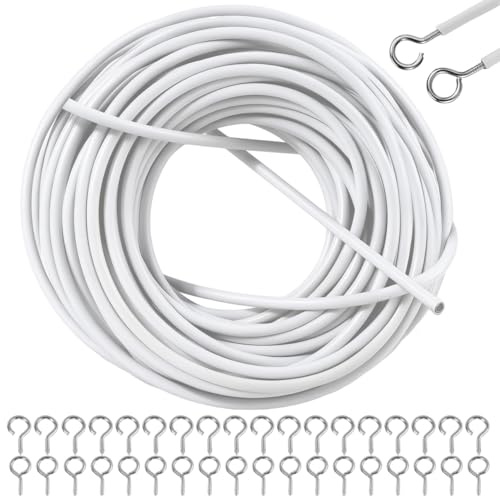 TYSM-CC 15m Filo Acciaio per Tende con 50 Ganci e 50 Occhielli - Corda Bianca Durevole per, Facile Installazione per Tutti i Tipi di, per Decorazioni Casalinghe e Tende a Filo Cavo