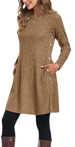 GRECERELLE Womens Winter Jumper Dresses Ladies Fall Casual Crew Neck Tunic Knitted Long Sleeve Dress with Pockets Side Buttons (Caramel, S)