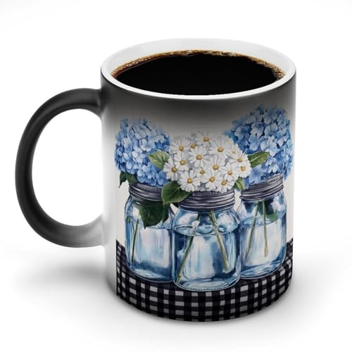 KWQDOZF White Daisies and Blue Hydrangeas Color Changing Mugs Heat Changing Ceramic Coffee Mug Novelty Tea Cup Funny Water Cup for Home Office 11OZ