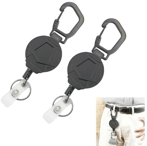 Joysuelly 2 stycken utdragbara nyckelringar, slitstarkt infällbart nyckelband, utdragbart med 60 cm stålsnöre för ID Badge hållare stålvajer karbinhakar stabil taktisk ID-kortsrulle