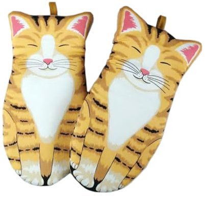 FONDOTIN Gants de Four Professionnels Résistants Chaleur Coton Anti-brûlure Micro-Ondes Motif Chat Unisexe pour Cuisine et Pâtisserie