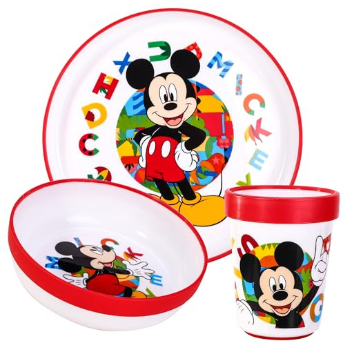 Mickey Mouse 3pcs Reusable Bicolor Kids Dinner Tableware Set | Premium Plastic Dinnerware Sets Includes Toddler Cups, Plates and Bowls, 100% Safe, BPA Free & Certified Food Safe (US/EU)