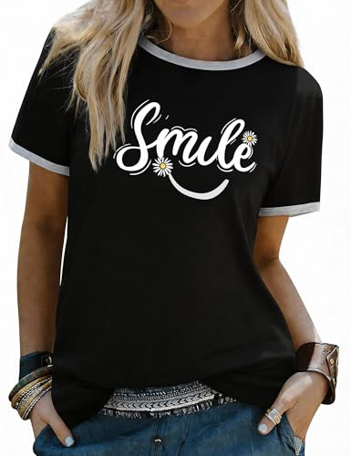 Aottori Maglia Donna Manica Corta Estiva Girocollo Maglietta Cotone Elegante Top Ampia Basic T Shirt con Stampa Sorriso Moda Camicia Casual Sexy Nero M