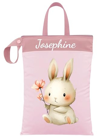 ARTEE Nasstasche für Kita-Wechselwäsche, Wasserdicht, Waschbar, mit Reißverschluss, Personalisierbar, mit Name, für Kindergarten, Strand, Sport (Bunny Flower mit Henkel)
