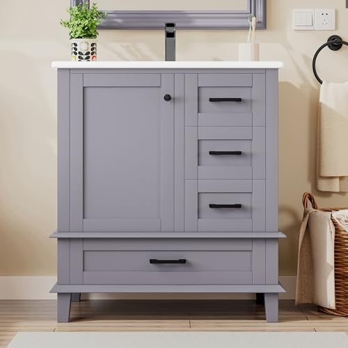Meuble de salle de bain avec lavabo de 76 cm - Gris - Meuble de salle de bain à poser - Meuble bas en céramique - 3 tiroirs - Fermeture douce - Pieds en bois massif - Design moderne