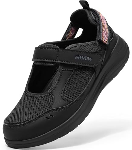 FitVille Sandalias Mary Jane Mujer Ancho Extra Zapatos de Verano Cierre Ajustable, Ligeras y Transpirables, Ideales para Pies Anchos, Caminar y Viajes Negro 40 EU Ancho