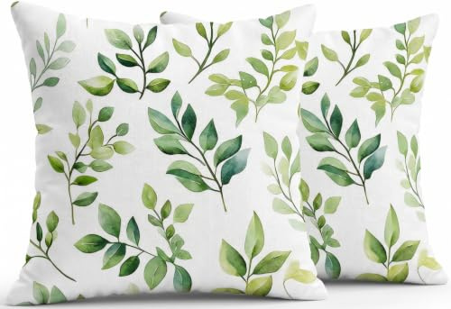 JANGYUHH 2er Set Outdoor Kissenbezug 40x40 Wasserdicht Dekokissen, Sommer Modernes Grünblätter Design,Kissenbezüge Garten Balkon, Doppelseitig Bedruckt, Leinen-Polyester Mix für Sofa Couch Schwimmbad