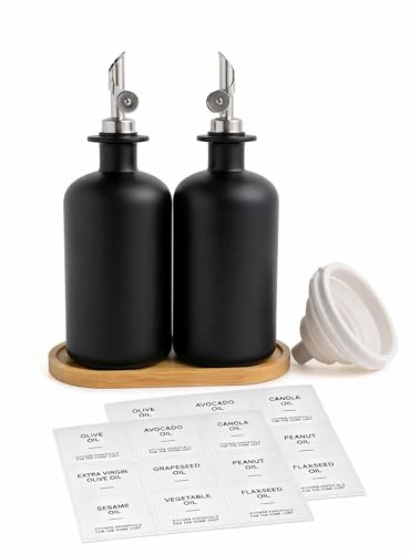 Cozary Aceitera Antigoteo, Juego de 2 en Vidrio Borosilicato - 500ml Negro, con Vertedor Ponderado Cierre Automático, Bandeja de Bambú (Set Completo)