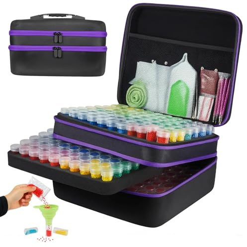 GREENSPIRE Diamond Painting Aufbewahrungsbox 240 Dosen Organizer Koffer | Diamond Art Zubehör Set Schraubfläschchen Etiketten Stifte robuste Schaumstoffeinlage für Perlen Basteln Reisen Workshops
